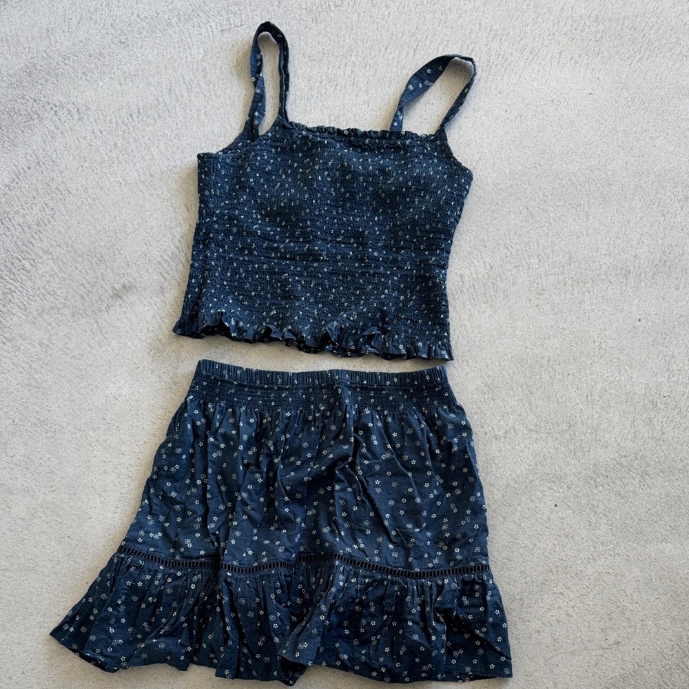 Madewell Smock-Waisted Navy Blue Floral Tank and Skirt Set